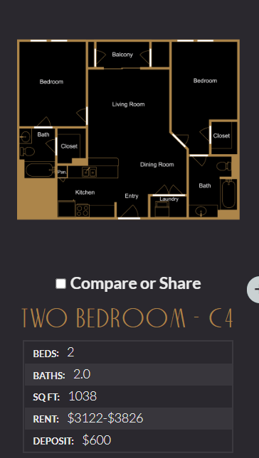 Floor plan for 2 beds, 2 baths, 1038 sqft